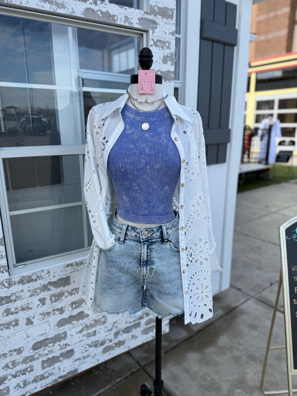 Women's White Eyelet Button-Down Shirt